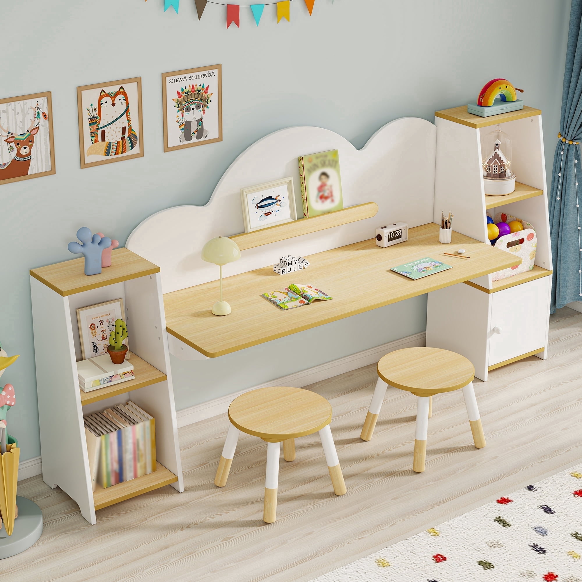 Reasea Wooden Kids Double Study Desk and Chair Set, Extra Large Children Writing Table, Student Study Table, Kids Desk with Book & Toy Storage